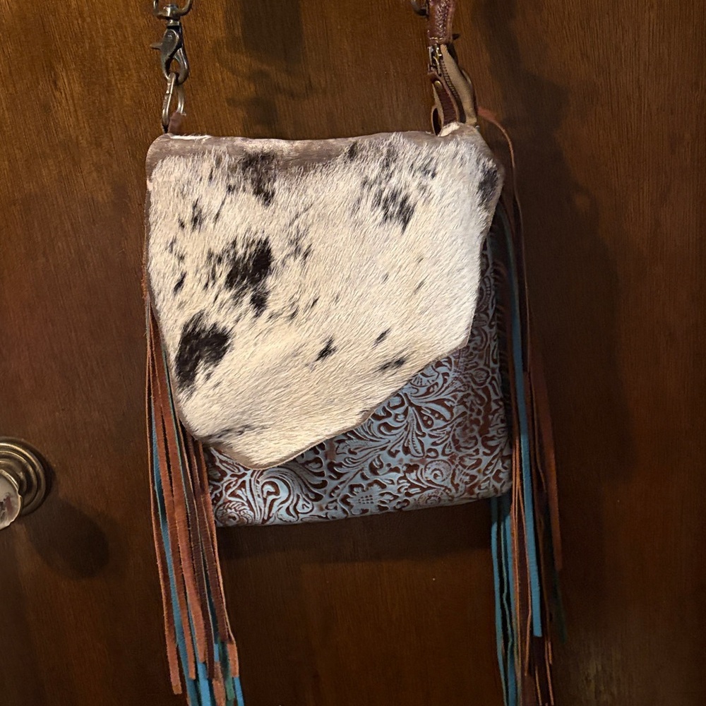 Cowhide and Leather Fringe Crossbody Bag